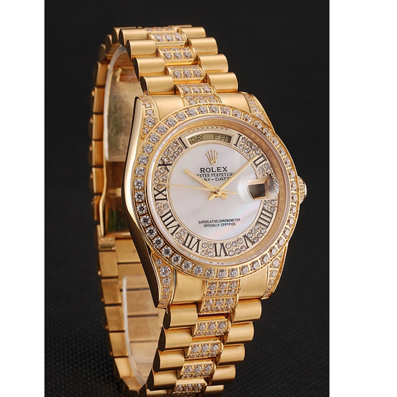 Aaa replica watch Dial Diamond Pave 1453958 Rolex Diamond Gold White Swiss Day-Date Bracelet 0527